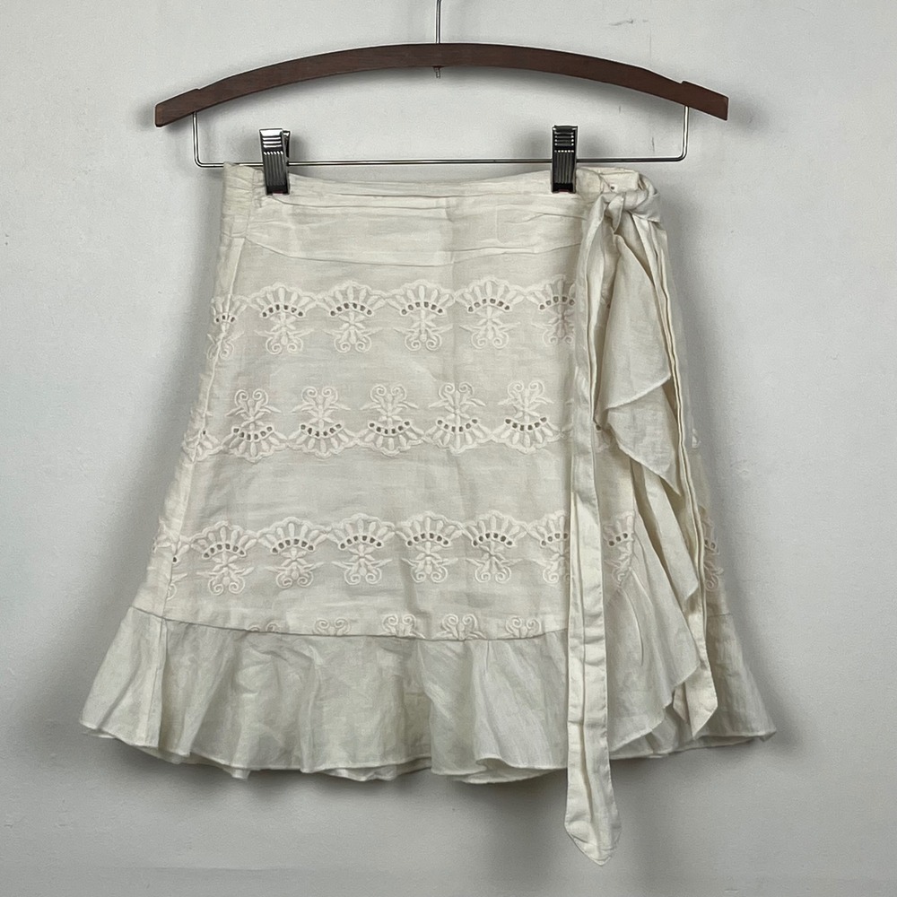 Amuse Society Eyelet Ruffle Wrap Mini Skirt XS Cream Boho Cottagecore Feminine
